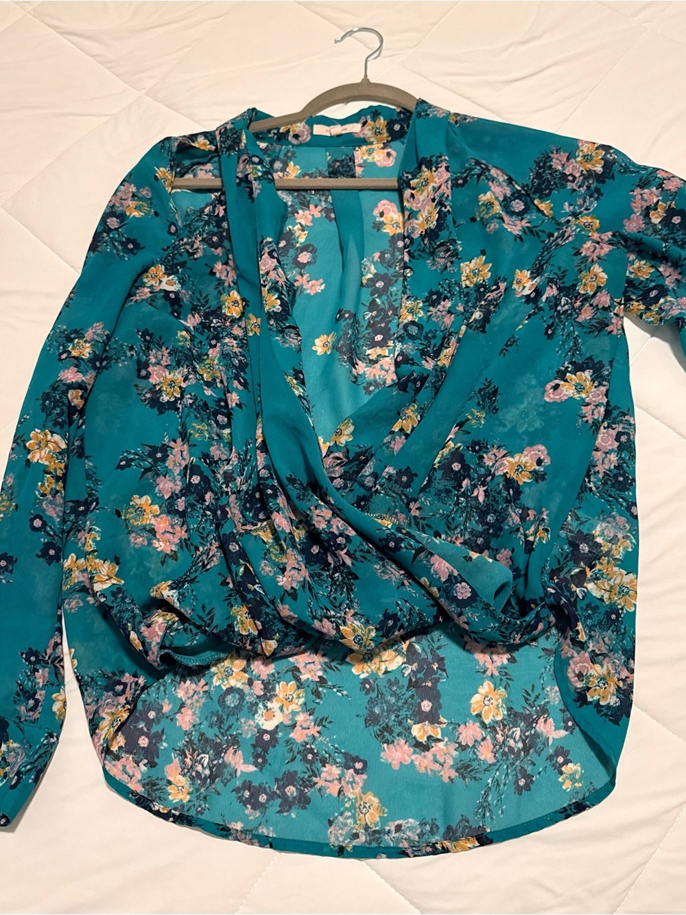 Maurices Teal Floral Wrap-Front Blouse